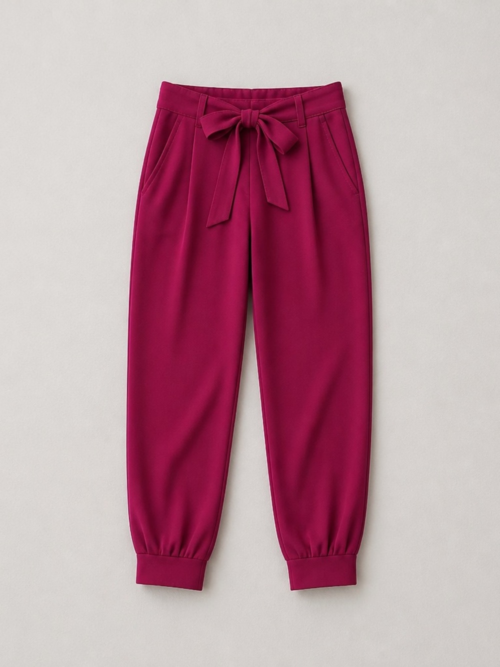 High-Waist Paperbag Tie-Waist Pants - Magenta - Picture 2 of 5